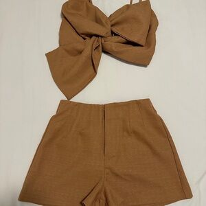 glam Tan High Waist Shorts with Bow Top S
